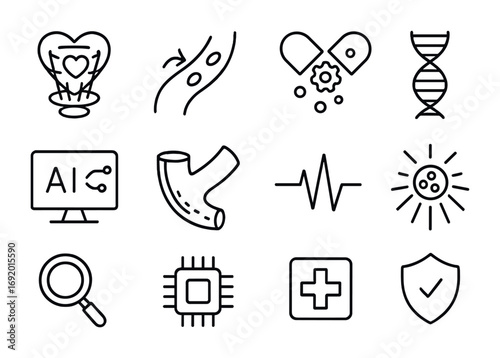 Cardiovascular Nanomedicine Icons. Outline icon set of Cardiovascular nanomedicine: heart hologram,