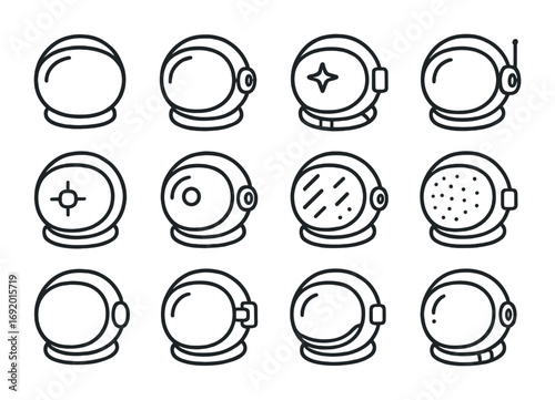 Space Helmet Icons. Outline icon set of Space helmets: reflective visor, oxygen valve, modular strap, starry