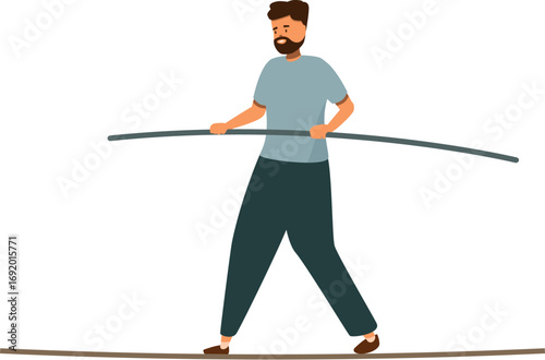Businessman carefully walks a tightrope, holding a balancing pole to maintain equilibrium and avoid falling
