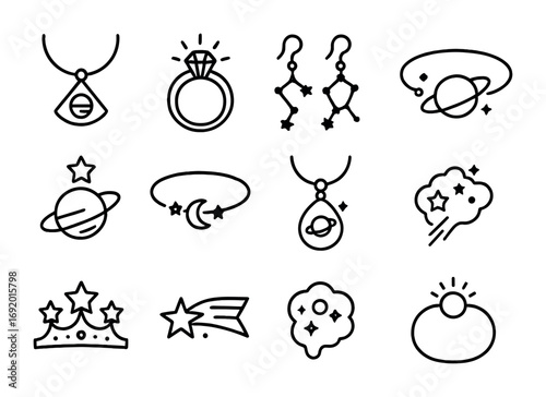 Celestial Jewelry Icons. Outline icon set of Celestial jewelry: holographic pendant, radiant ring,