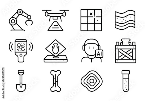 Futuristic Excavation Icons. Outline icon set of Future excavations: robotic arm, drone surveyor, excavation