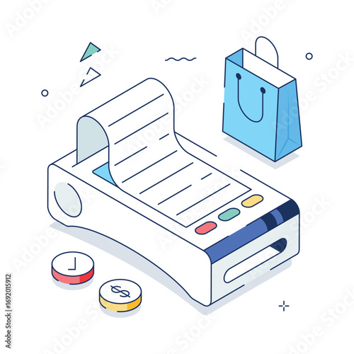 A clean, modern illustration showcasing a point of sale terminal printing a receipt