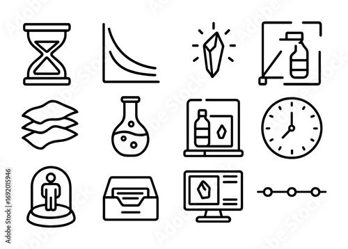 Carbon Dating Icon Set. Outline icon set of Carbon dating plastics: hourglass icon, isotope graph, glowing