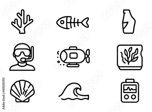 Ocean Plastic Icon Set. Outline icon set of Ocean plastic digs: coral outline, fish skeleton, bottle shard,