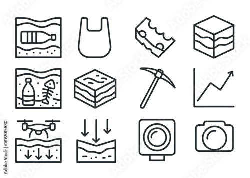 Plastic Strata Icons. Outline icon set of Plastic strata: layered soil lines, bottle embedded, bag silhouette,