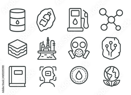 Petrochemical Icons Grid. Outline icon set of Petrochemical heritage: oil barrel shard, fossilized plastic,