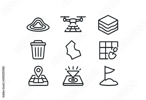 Landfill Mapping Icons. Outline icon set of Landfill cartography: topographic mound, drone mapping lines,