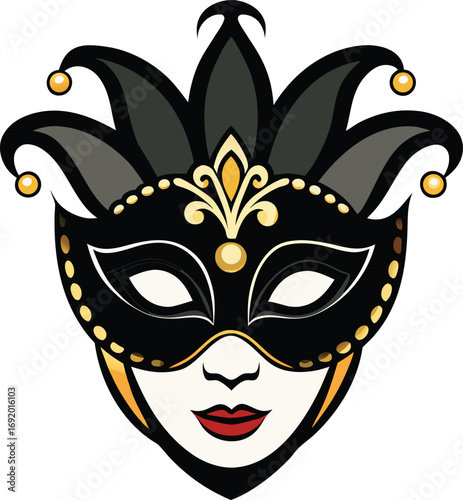 Black and Gold Venetian Masquerade Mask with Jester Hat and Pearls on White Background venetian mask style vector illustration EPS file download