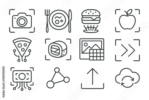 Food Image Recognition Icons. Outline icon set of Food image recognition: AI camera, food plate icon,
