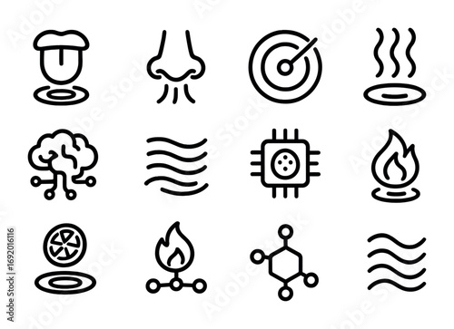 Sensory Food Icons. Outline icon set of Sensory food AI: holographic tongue, smell node, spice radar, glowing