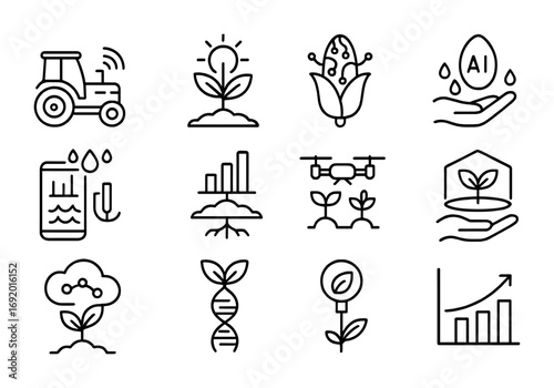 Neural Farming Icons. Outline icon set of Neural farming: smart tractor, glowing plant, circuit corn, AI seed,