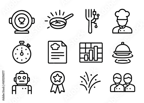 AI Cooking Icons Set. Outline icon set of AI cooking competitions: trophy plate, glowing pan, digital fork,