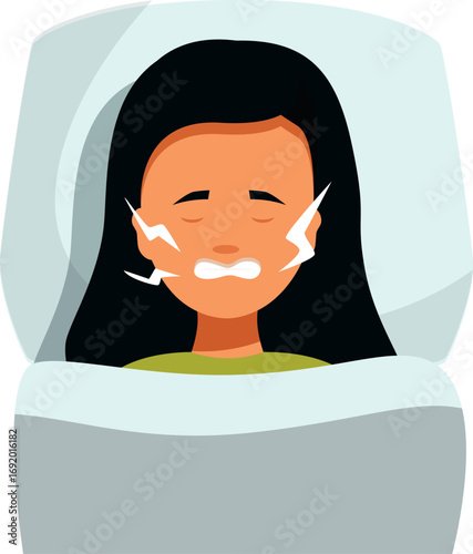 Girl experiencing teeth pain while resting in bed, a common symptom of dental issues