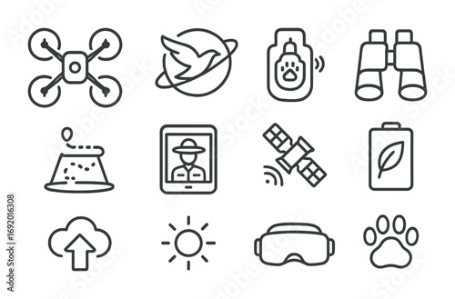 Drone Wildlife Tour Icons. Outline icon set of Drone-guided wildlife tours: camera drone, orbiting bird icon,