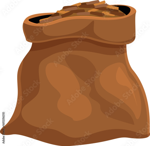 Burlap sack full of dry tobacco leaves, isolated on white background
