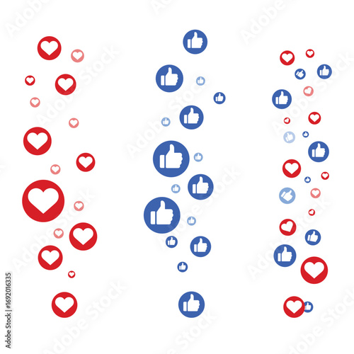 Flying like icons. Thumb up icon vector with heart. Like and Heart social media emoji icon set. Abstract background with bubbles. Vector illustration.