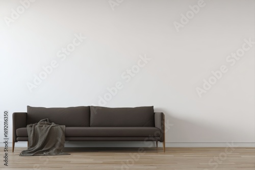 Brown sofa with a grey throw blanket in a bright room with white walls and wooden floor couch furniture