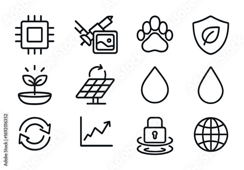 Eco Tech Icon Set. Outline icon set of Conservation tech: AI chip, satellite monitor, animal paw, eco shield,