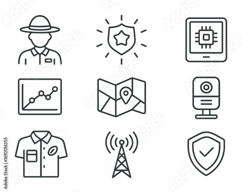 AI Rangers Icon Set. Outline icon set of AI rangers: avatar ranger, glowing badge, tablet screen, data graph,