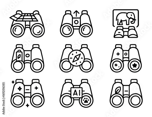 Smart Binoculars Icon Set. Outline icon set of Smart binoculars: holographic lens, zoom arrows, projection