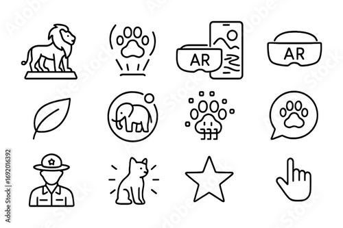 AR Animal Icon Set. Outline icon set of AR animal encounters: holographic lion, glowing paw, AR headset,