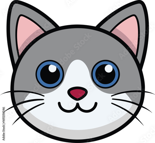 Close-up cartoon face of a gray and white cat with big blue eyes and pink ears on a white background style vector illustration EPS file download