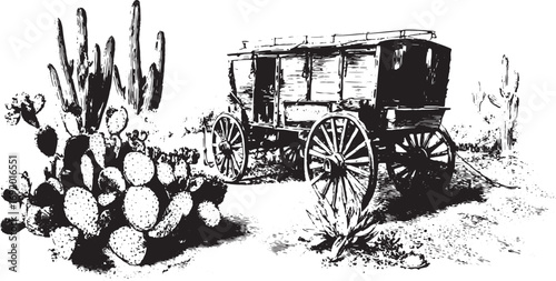 Wagon and cactus set in a desert landscape with wooden wheels. Black and white vector illustration of western plants and transport.