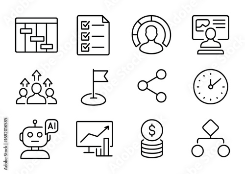 AI Project Icons. Outline icon set of AI project management: Gantt chart, task checklist, avatar progress,