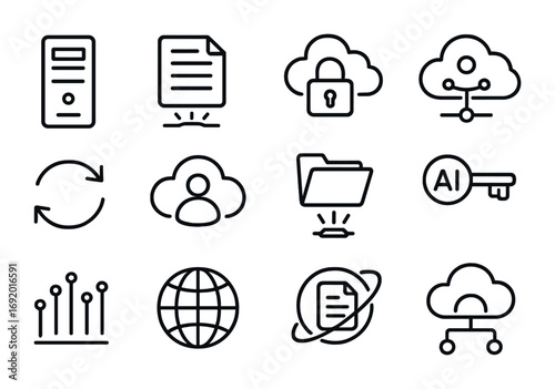 Cloud Office Icons. Outline icon set of Office in the cloud: server tower, glowing document, encrypted lock,