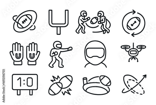 Space Rugby Icons. Outline icon set of Space rugby: floating ball, curved goalposts, tethered players, orbit
