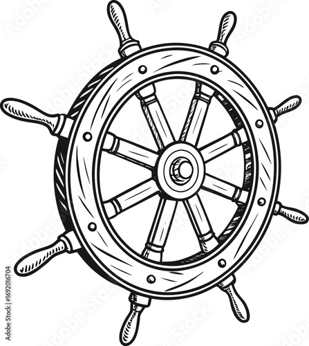 Detailed black and white illustration of a wooden ship's steering wheel with eight spokes and handles on a white background style vector illustration EPS file download