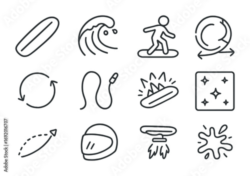 Interstellar Surfing Icons. Outline icon set of Interstellar surfing: hover board, cosmic wave, player stance,