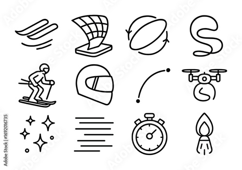 Celestial Skiing Icons. Outline icon set of Celestial skiing: hover skis, curved slope hologram, orbit arrows,