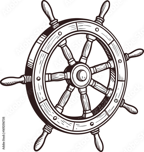 Detailed vintage ship's helm wheel drawing with wood grain texture ship wheel steering wheel style vector illustration EPS file download