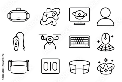 Zero-Gravity Gaming Icons. Outline icon set of Zero-gravity esports: VR headset, floating controller, orbit