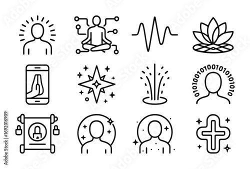 Cyber Spirituality Icons. Outline icon set of Cyber spirituality: glowing aura, meditation circuit, divine