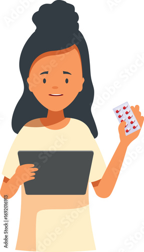 Young pharmacist holding tablet and showing pills is explaining posology