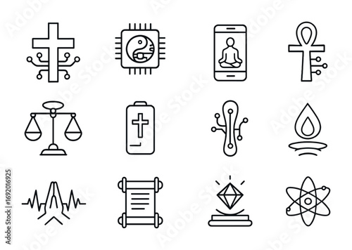 Hybrid Faith Tech Icons. Outline icon set of Hybrid faith tech: cross with circuits, yin-yang chip, sacred