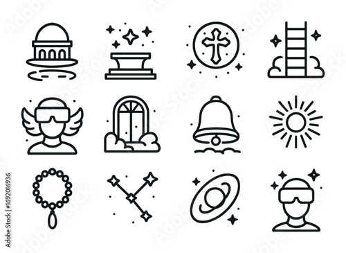Celestial Icon Array. Outline icon set of Celestial monasteries: floating dome, starry altar, cosmic cross,