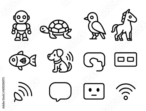 Robotic Companions Icons. Outline icon set of Robotic companions: humanoid pet bot, robotic turtle, robotic