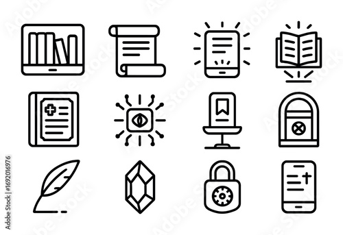 Monastic Archive Icons. Outline icon set of Monastic archives: digital bookshelf, scripture scroll, glowing