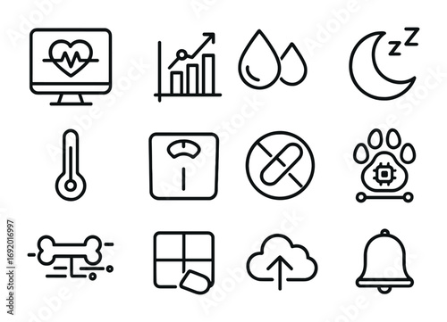 Pet Health Icons Grid. Outline icon set of Pet health tracking: heartbeat monitor, fitness graph, hydration
