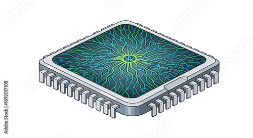 Isometric illustration of a microchip with glowing blue and green circuitry radiating from a central point on a white background.