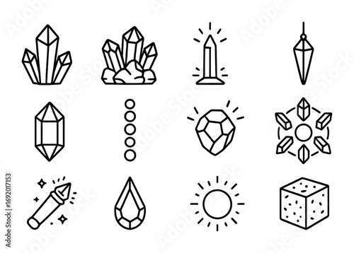 Crystal Therapy Icons. Outline icon set of Crystal resonance therapy: quartz crystal, amethyst cluster, energy