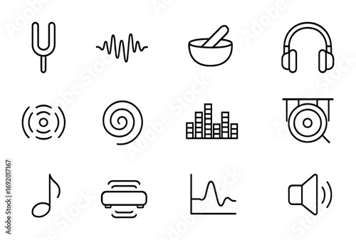 Sound Frequency Icons. Outline icon set of Sound frequency healing: tuning fork, soundwave icon, singing bowl,