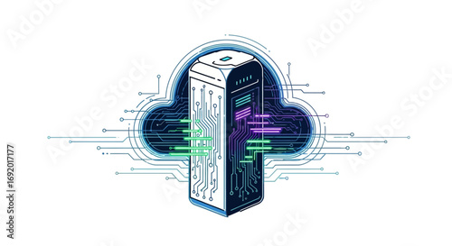 Cloud-based server architecture with integrated circuitry and data streams.