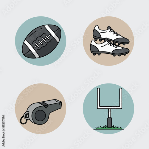 Game time! Four icons. Ball, cleats, whistle, goalpost on circles