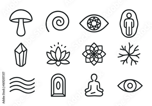 Psychedelic Icon Collection. Outline icon set of Psychedelic wellness: mushroom icon, fractal spiral,