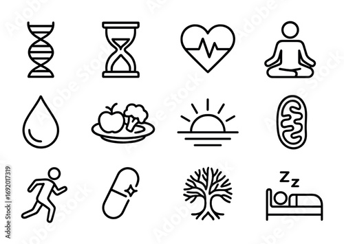 Longevity Wellness Icons. Outline icon set of Longevity wellness: DNA helix, hourglass, heart health,