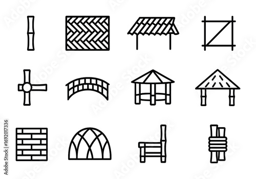Bamboo Structure Icons. Outline icon set of Bamboo structures: bamboo pole, woven wall, bamboo roof,